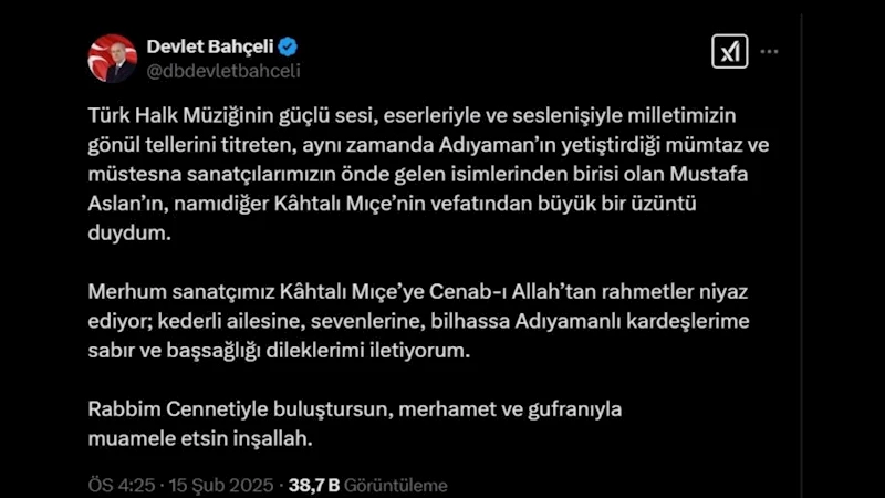 MHP Lideri Devlet Bahçeli’den Kahtalı Mıçe için taziye mesajı 
